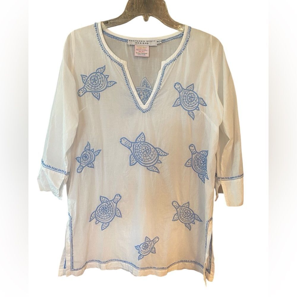 Gretchen Scott Sz S White Blue Turtle Print Cotton Light Summer Top